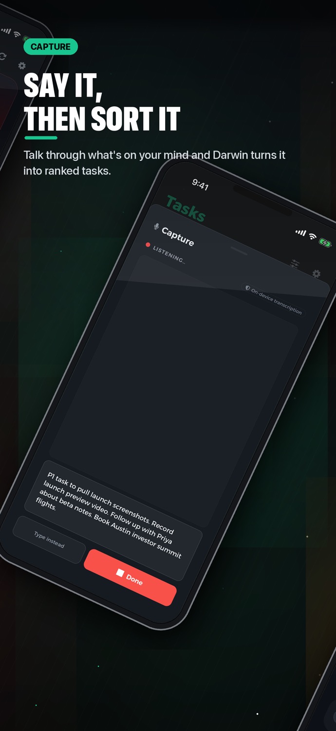 Darwin Capture screen with parsed task notes