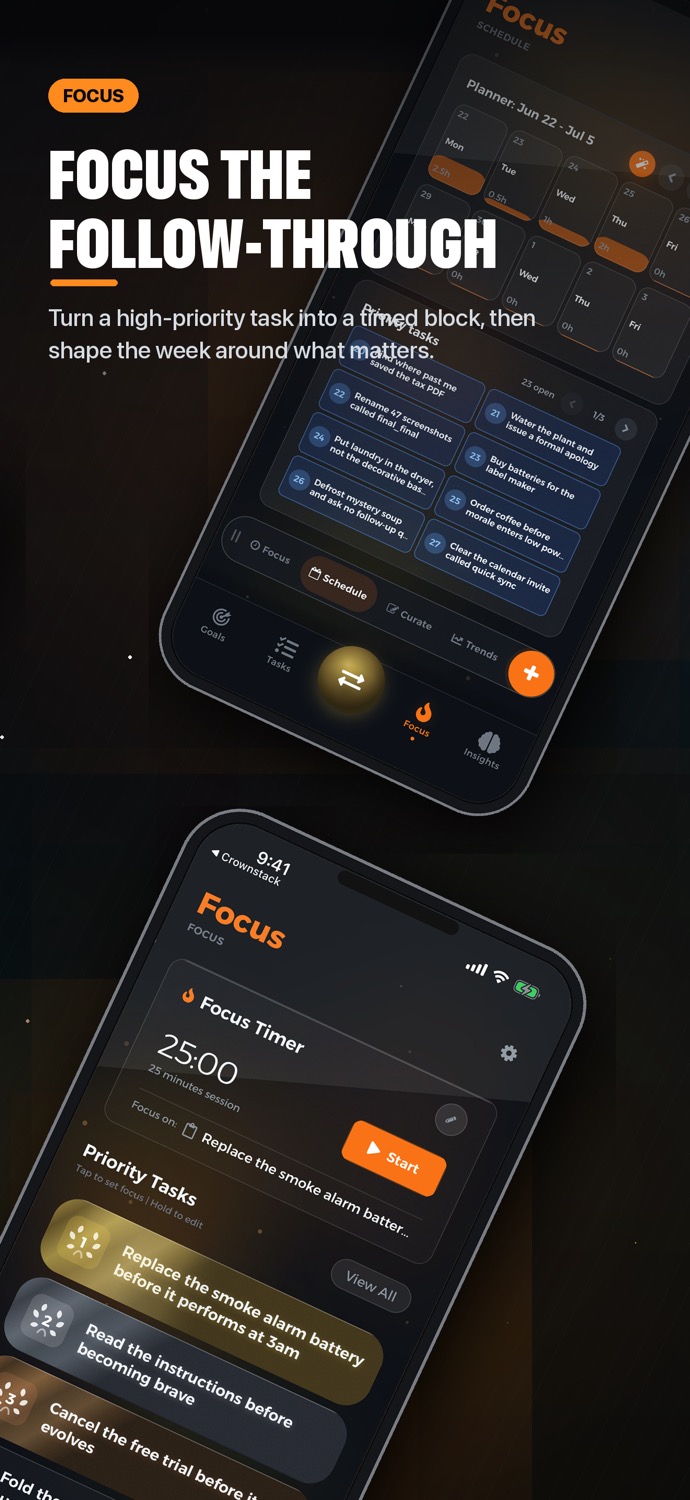 Darwin Focus screen with schedule and focus timer